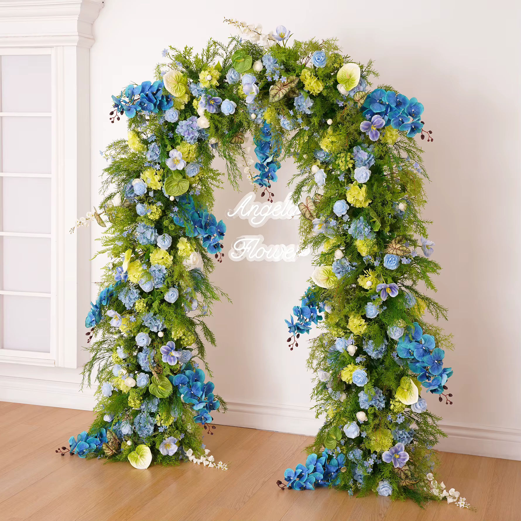 Angela fleur A9016 Mori orchidée bleue Arrangement Floral cadre d'arc de mariage décoration imitation soie Anthuriums rangées de fleurs