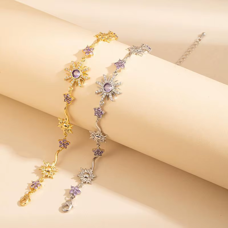 Bracelet de luxe Tournesol, élégant et tendance, avec chaîne en zircon cubique rose, cristal étincelant et strass brillant, pour mariage