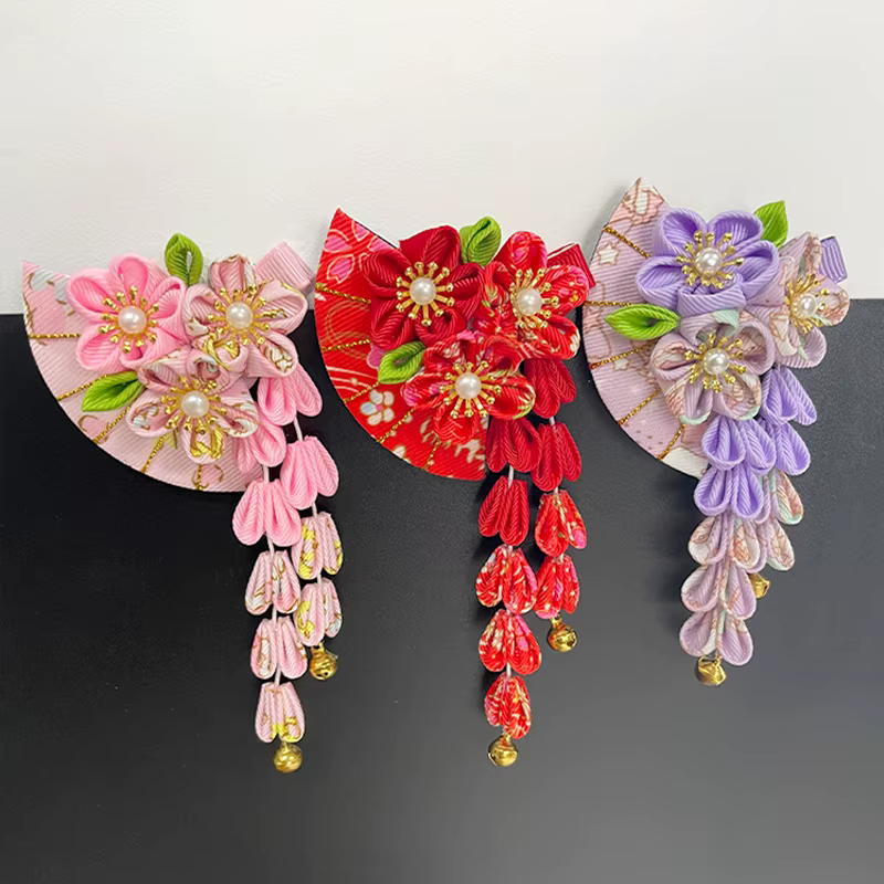 Couvre-chef kimono japonais, tissu fait à la main, pompon et couleur vent, bandeau assorti, pince à cheveux, éventail, accessoire pour cheveux, clip de bord