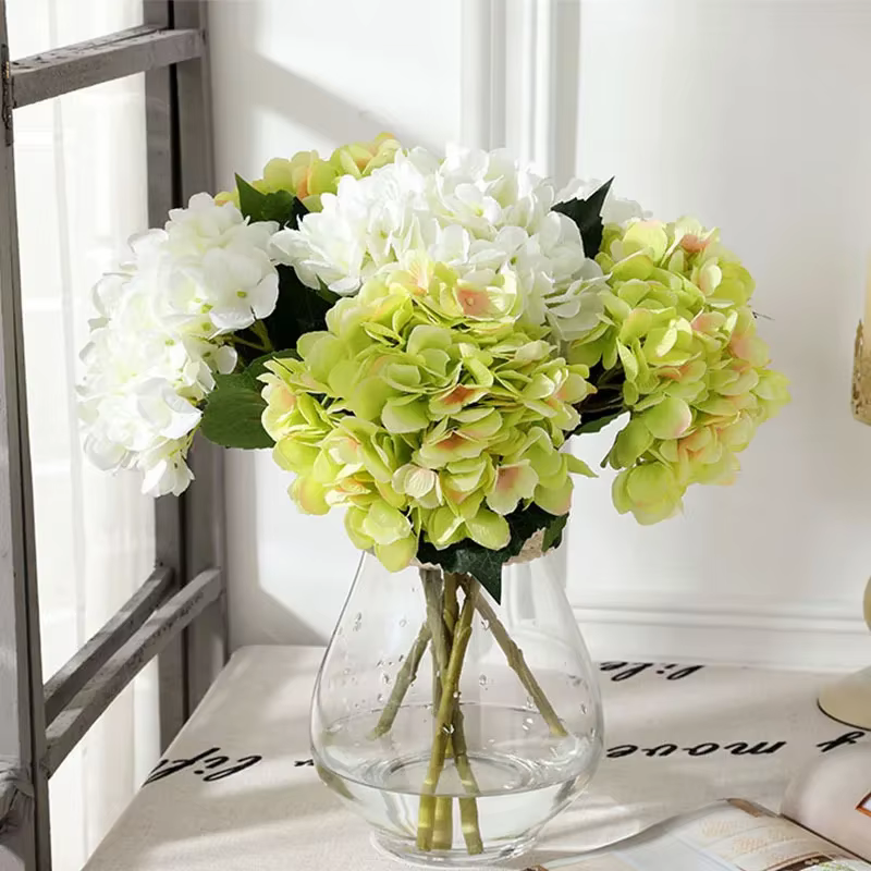 Vert Aloes 3 pièces décoration de bureau soie fausses fleurs hortensies artificielles Simulation fleur blanc 2 feuilles branche d'hortensia