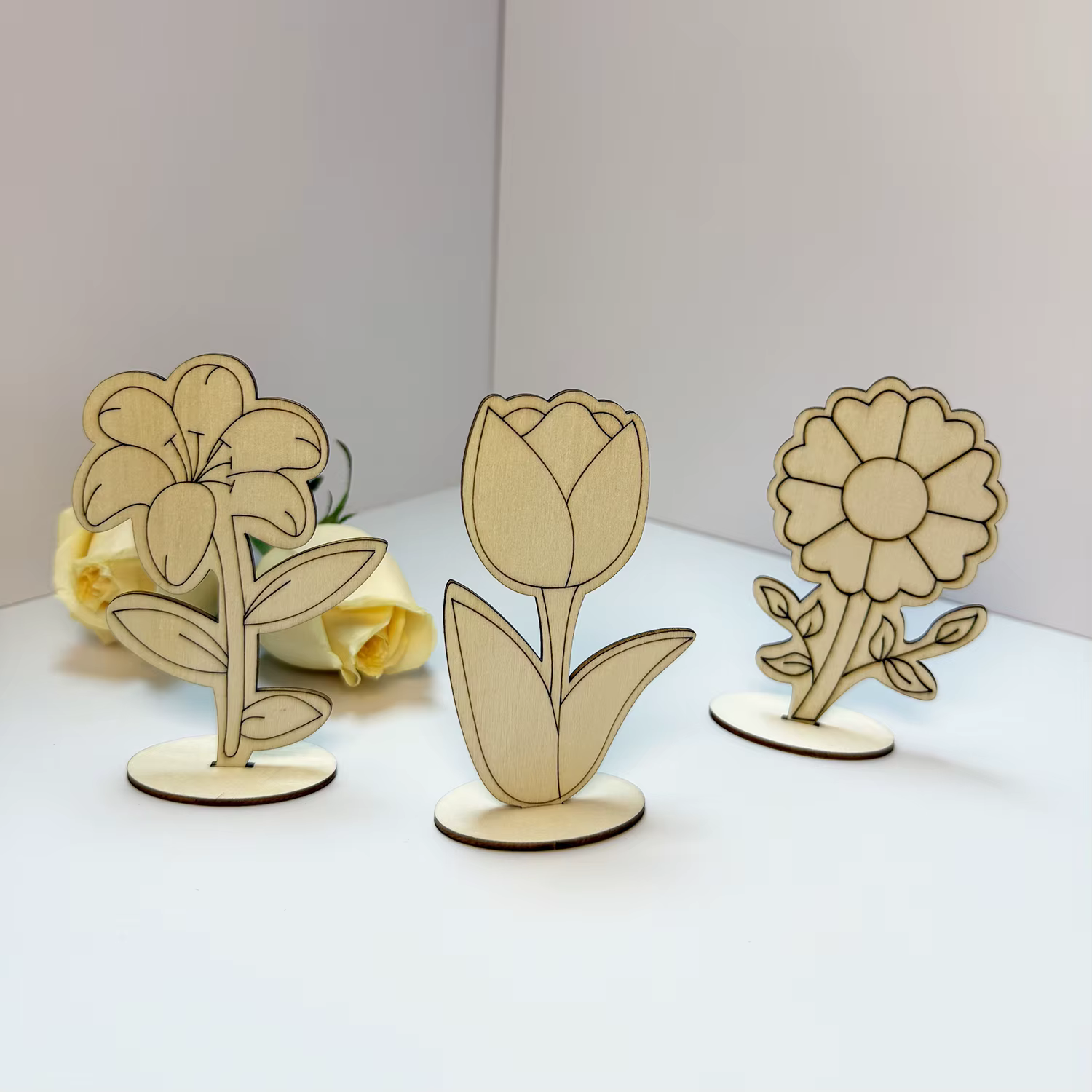 Lot de 6 pièces/1 ensemble de fleurs en bois à peindre soi-même