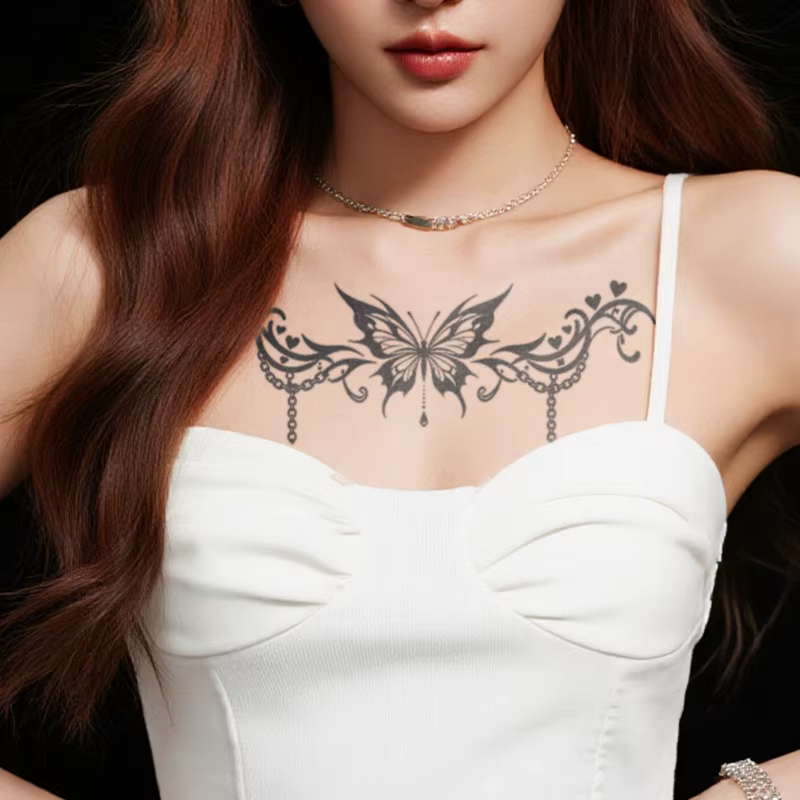 Autocollants de tatouage temporaires en forme de cœur et de papillon, à base de plantes, longue durée, imperméables, élégants, sexy, pour femmes, ventre, poitrine