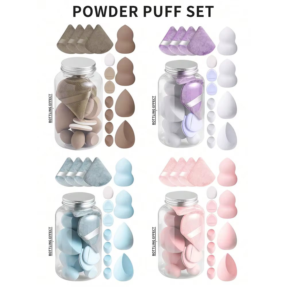 Ensemble d'éponges cosmétiques de style mini pot de miel, 4 grands mélangeurs de beauté, 4 bouffées de poudre en forme d'éventail, 4 mini mélangeurs de beauté, 15 pièces