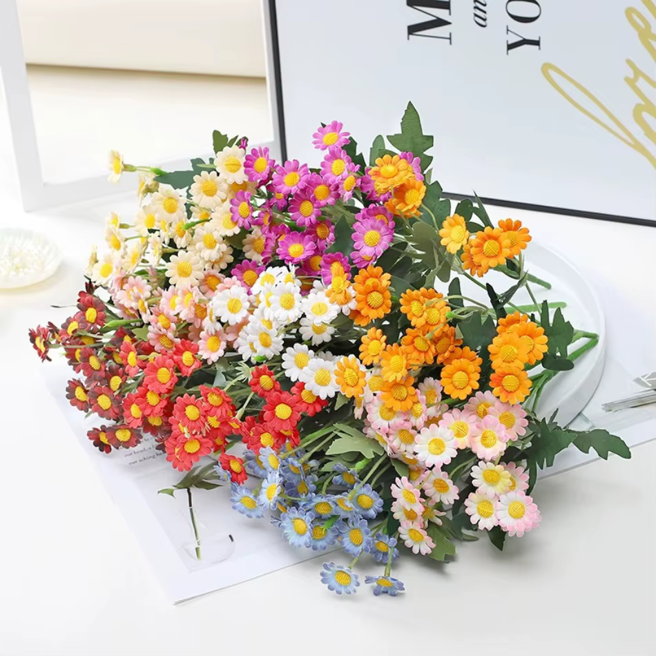 Bouquet de camomille, marguerite et chrysanthème sauvage en soie à 28 têtes pour mariages/décoration de la maison