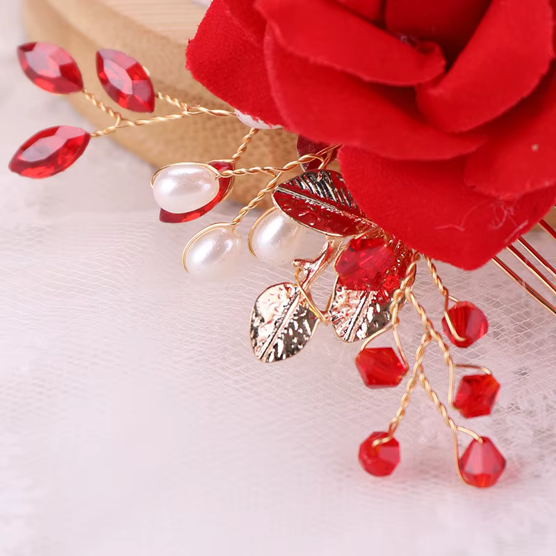 Peignes à cheveux à fleurs de Rose rouge pour femmes, bijoux de cheveux faits à la main, diadème en perles de strass rouges pour mariage, accessoires pour cheveux de mariée
