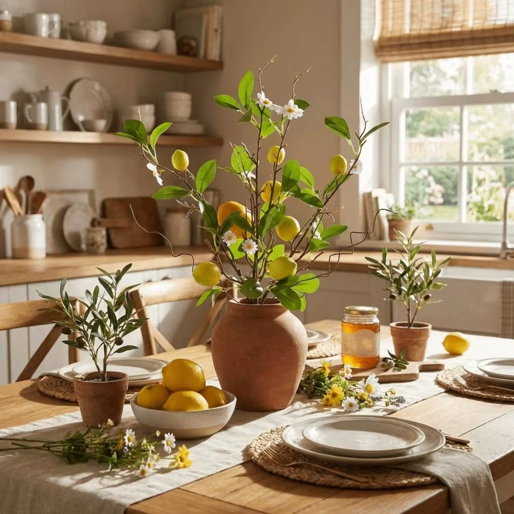 Branche de citron artificielle en plastique avec fleurs