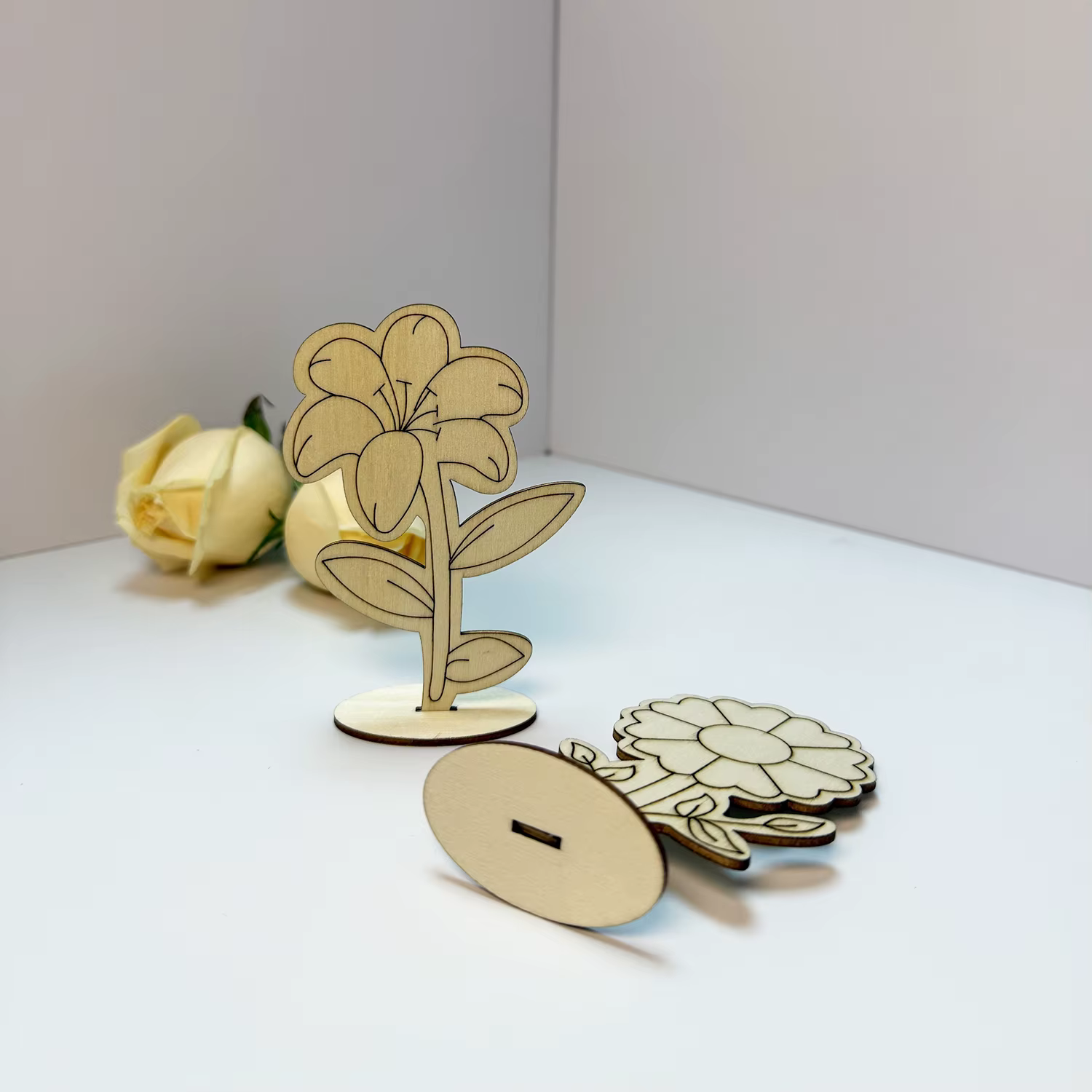 Lot de 6 pièces/1 ensemble de fleurs en bois à peindre soi-même