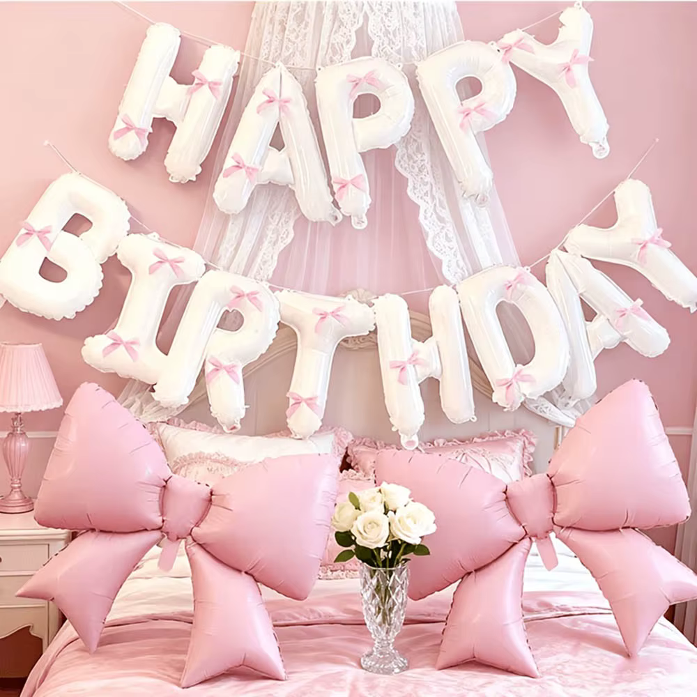 Ballon d'anniversaire rose avec nœud, ballon lettre Joyeux Anniversaire avec ruban rose pour décoration de mariage, Saint-Valentin, anniversaire, demande en mariage