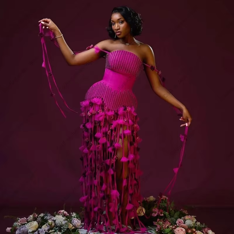Robe de cocktail africaine 2 pièces avec perles et pompons pour femme, courte, formelle, pour soirée, anniversaire, fête, bal de promo, personnalisable