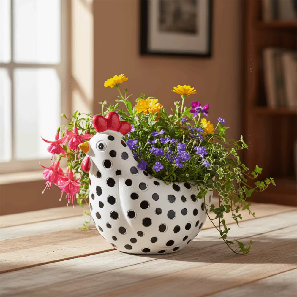Pot de fleurs en résine en forme de poulet à pois
