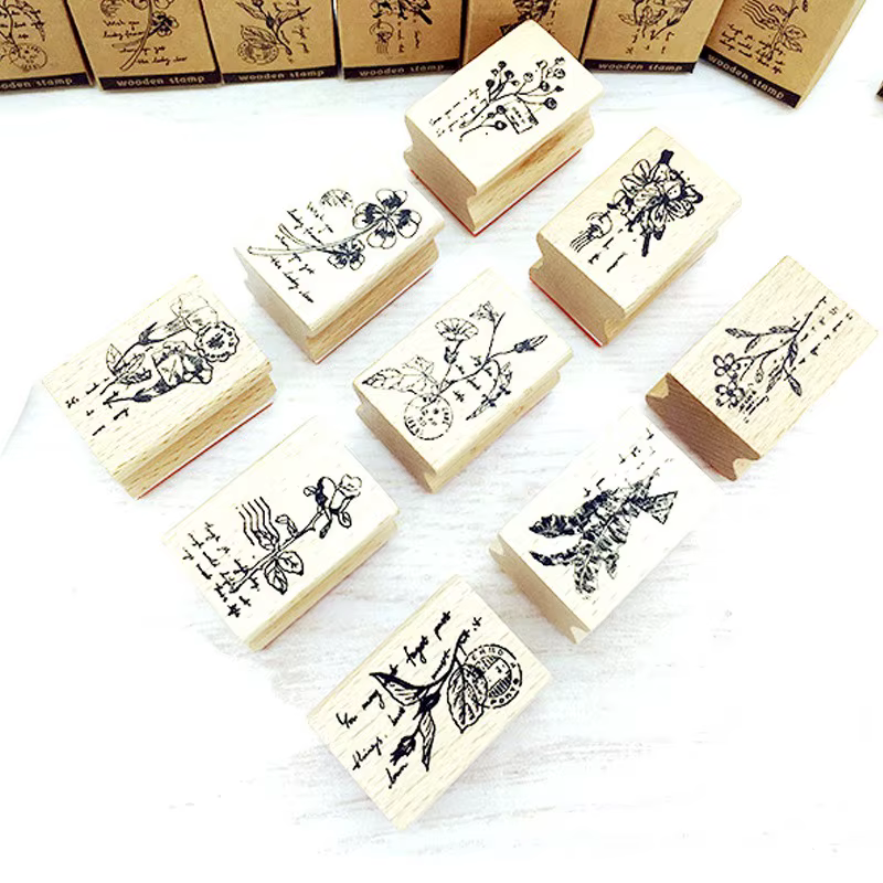 Tampons en bois DIY, motifs plantes et fleurs