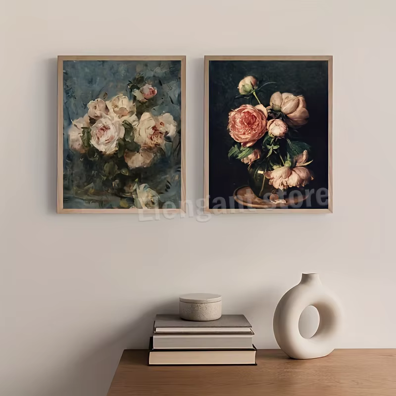 Peinture sur toile à l'huile de pivoines de fleurs vintage