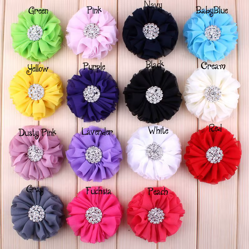 Fleurs en mousseline de soie artificielle avec biscuits Bling pour enfants, accessoires en tissu chic nouveau-né, 6.5cm, 15 couleurs, 5 pièces par lot