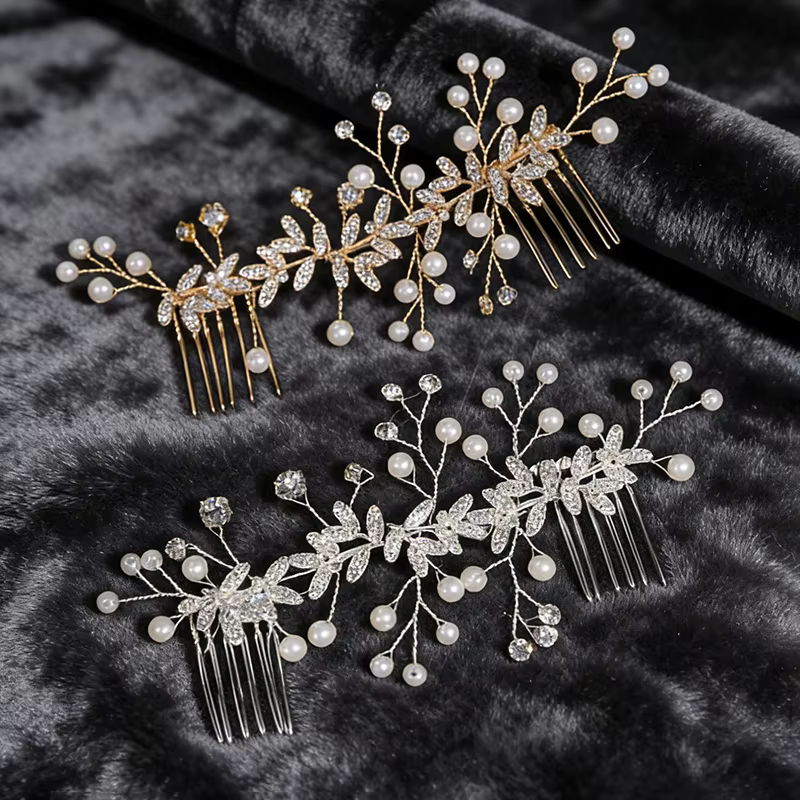 Peigne à cheveux de mariée européen et américain avec fleurs dorées, accessoire de coiffure double peigne, accessoire pour robe de mariée