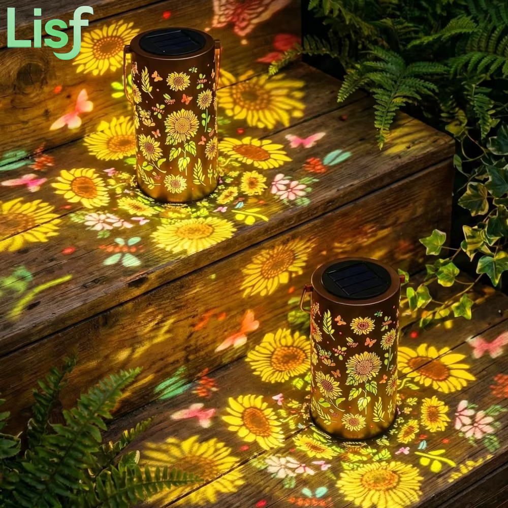 Lanterne solaire suspendue en métal avec projection de colibris et tournesols colorés pour la décoration extérieure de table, jardin, patio et cour