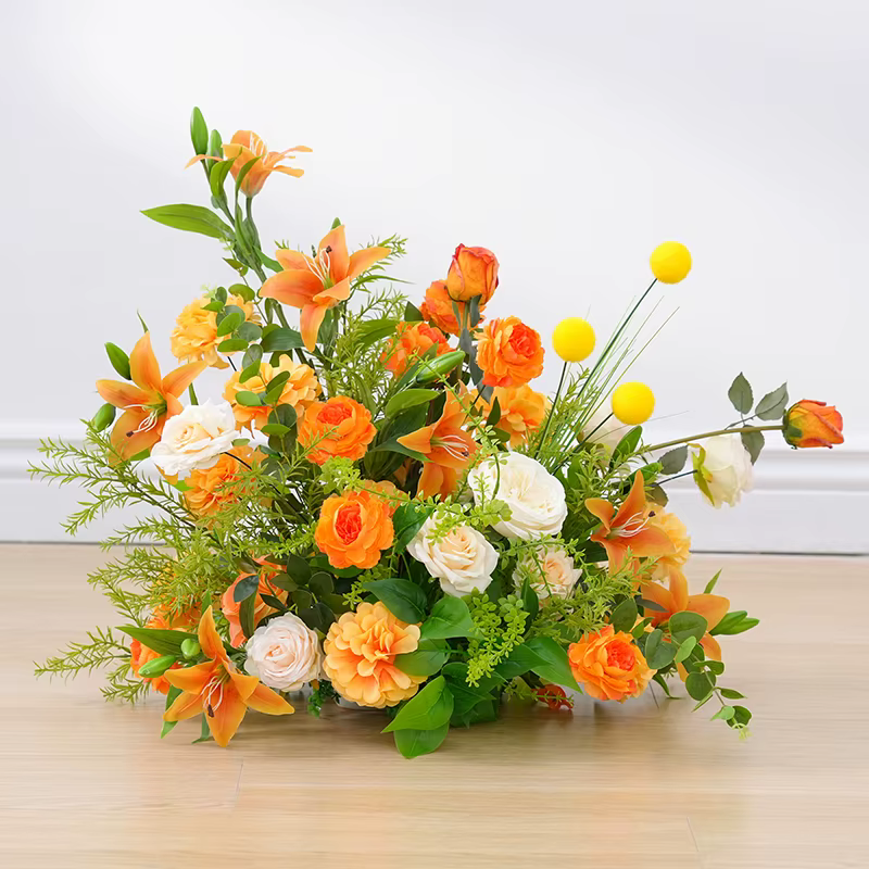 Orange Lily Rose vert plantes mariage toile de fond arc cadre décor fleur rangée allée sol Floral fenêtre affichage scène accessoires H8875