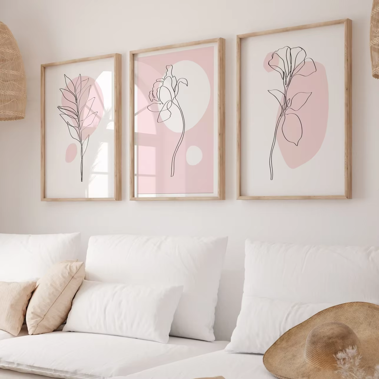 Lot de 3 tableaux muraux botaniques roses – Décoration murale botanique – Affiche d'art linéaire botanique – Décoration intérieure rose – Peinture sur toile pour la décoration de chambre