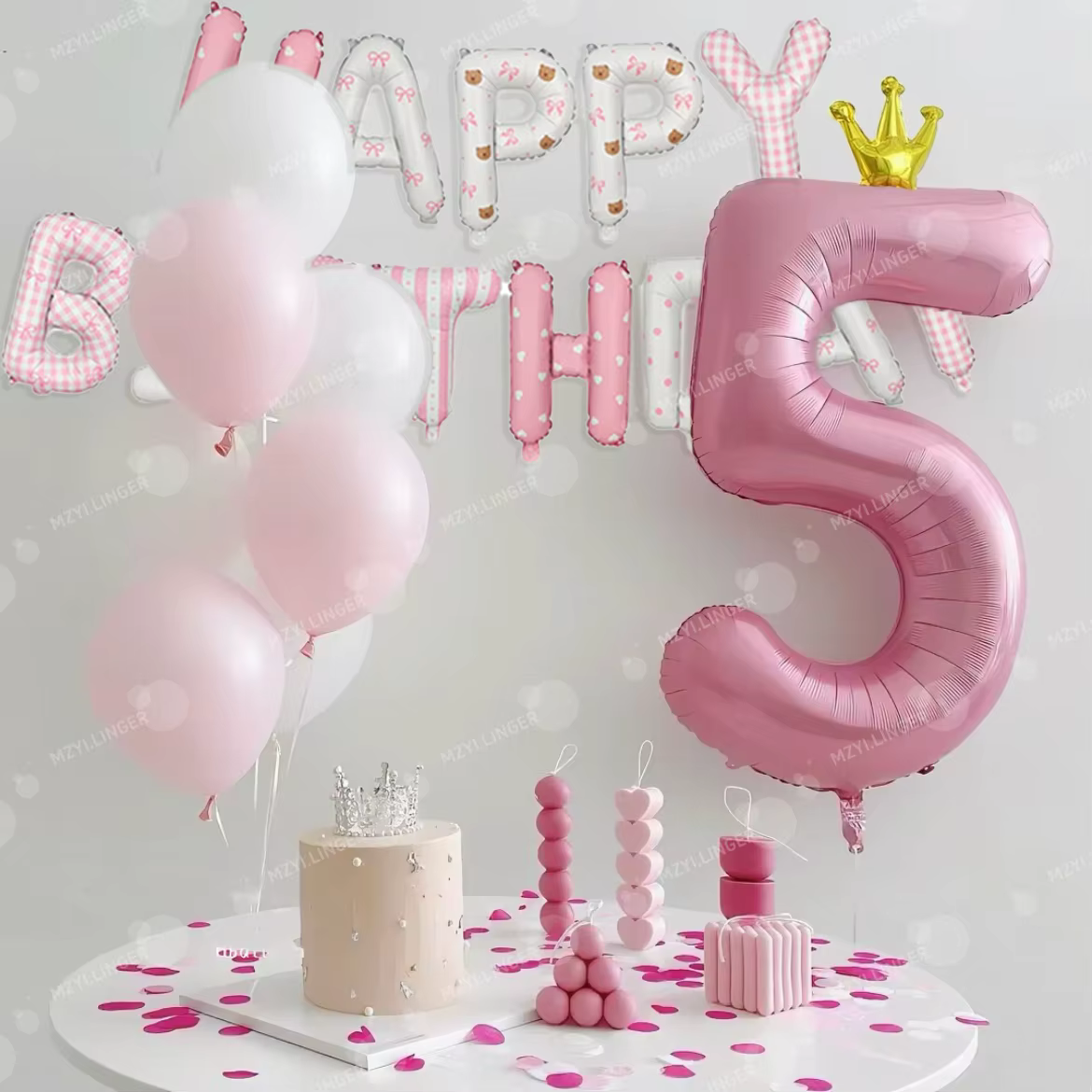 Ensemble de ballons lettres Joyeux Anniversaire roses, ballons imprimés roses, couronne de ballons, ballons numériques 0-9 pour la décoration de fête d'anniversaire