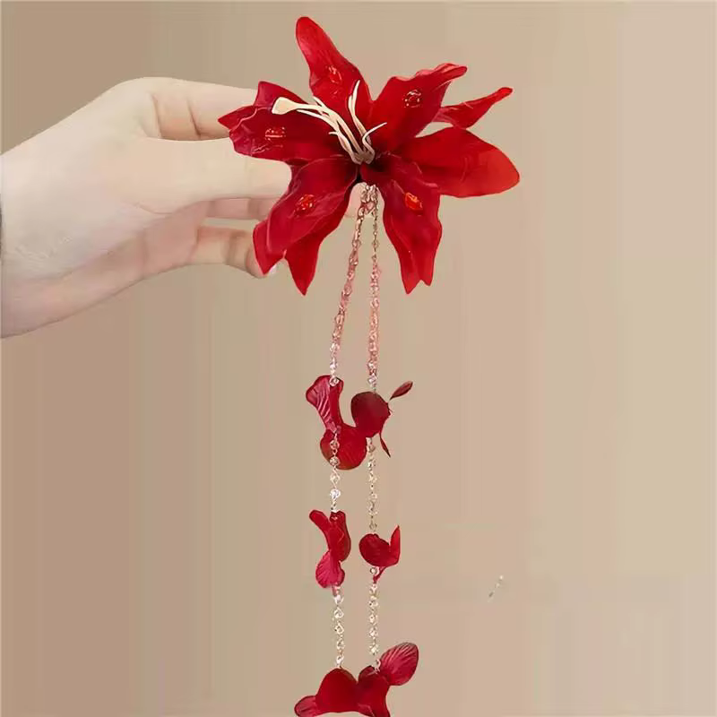 Pinces à cheveux Vintage en forme de fleur de Rose rouge pour femmes, tissu doux, pétale, Long pompon, pince à bec de canard, épingle à cheveux, accessoires de coiffure