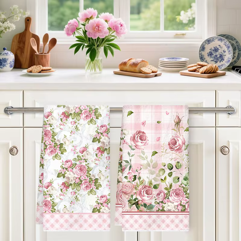 Lot de 2 torchons de cuisine roses à motifs floraux printaniers