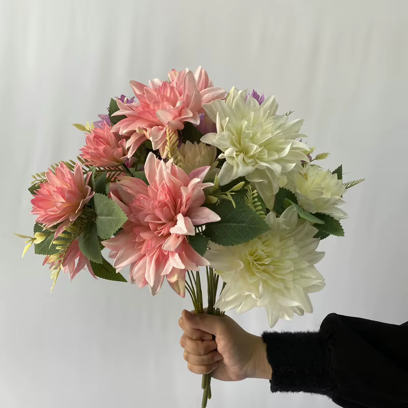 Peinture à l'huile artificielle Dahlia soie fausses fleurs plante jardin décoratif 7 têtes Dahlias Bouquet fleur rouge décoration d'hôtel