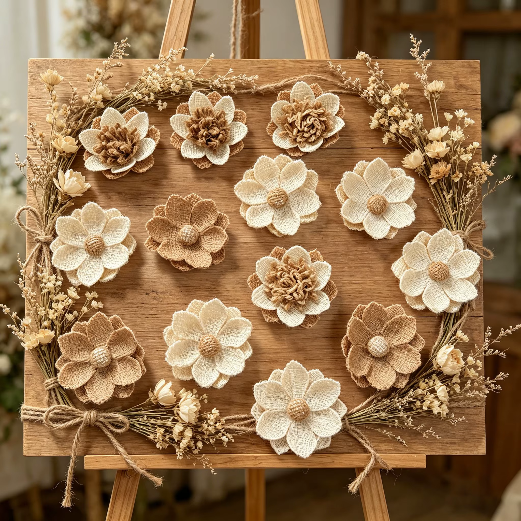 10 pièces de fleurs en toile de jute naturelle, patchs de fleurs en tissu de lin rustique, appliques vintage DIY pour mariage, Noël, décoration intérieure