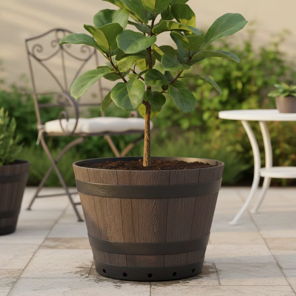 Grand pot de fleurs décoratif en résine en forme de baril en bois pour intérieur