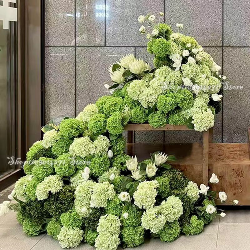 Hortensia vert mariage toile de fond arc fleur coureur KT conseil décor rangée florale fleurs boule Arrangement affichage événement fête accessoires