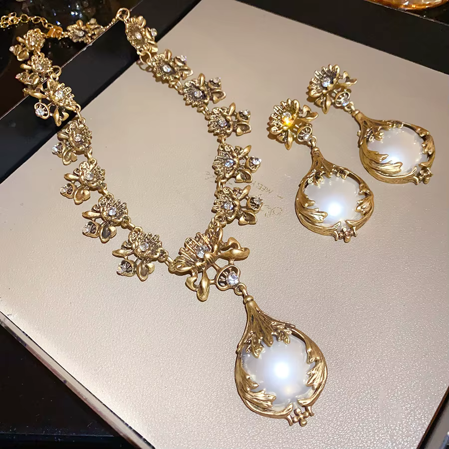 Boucles d'oreilles pendentif fleur de perle collier de luxe léger