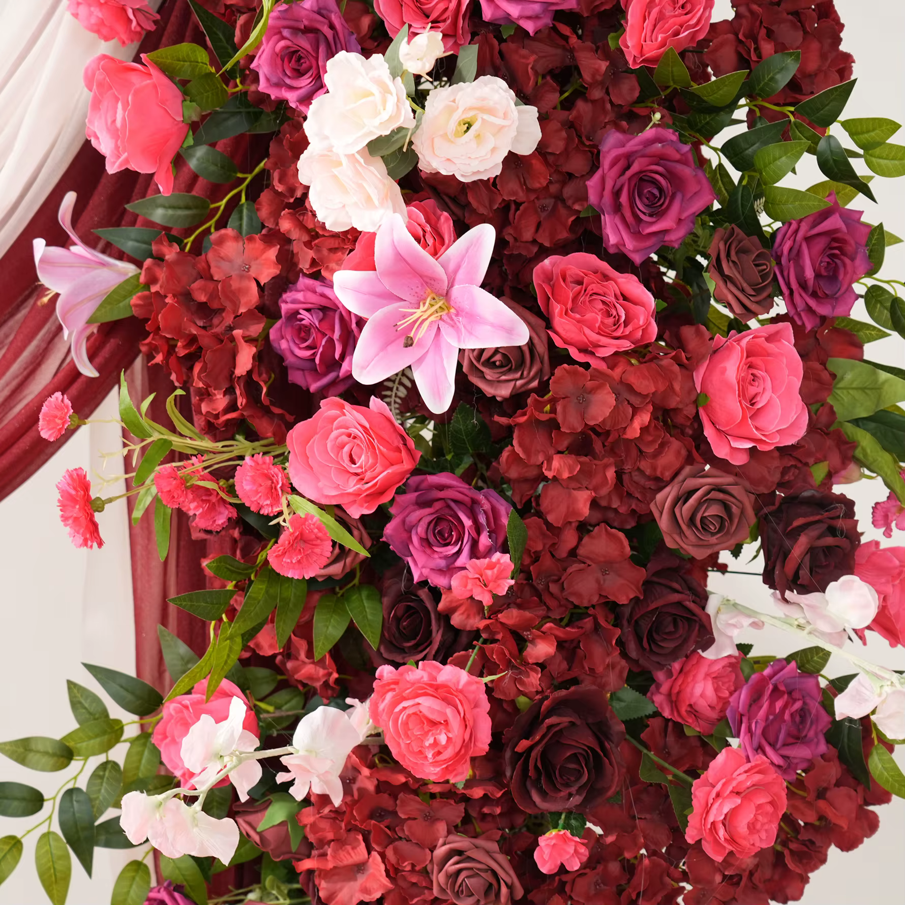 HMEOT H9047 Hydrangeas bordeaux Rose feuille verte Arrangement Floral corne arc décoration idées pour mariage passerelle allée boules de fleurs